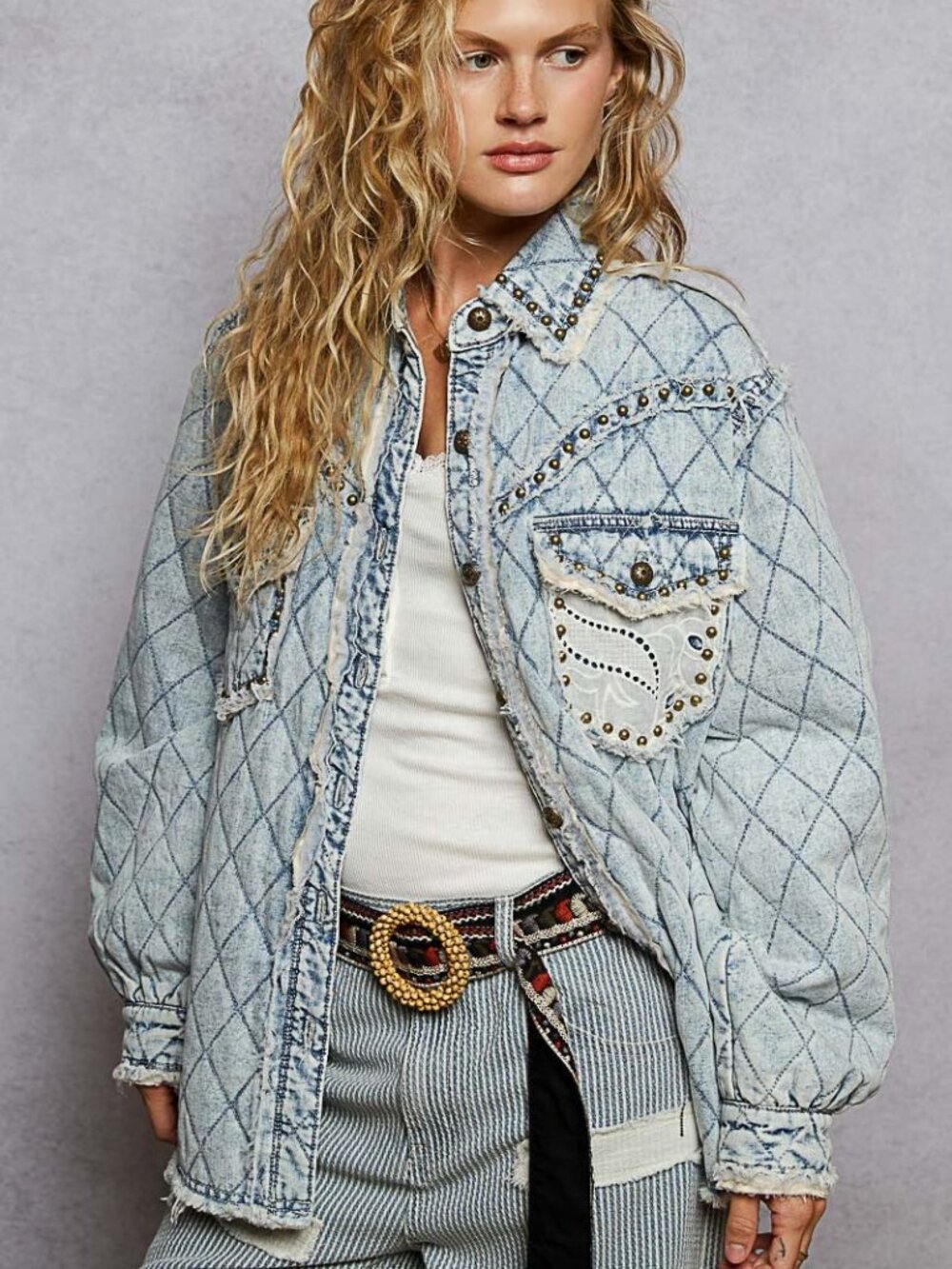 POL Long Sleeve Stud Patchwork Shirt Jacket - Size Large - NWT